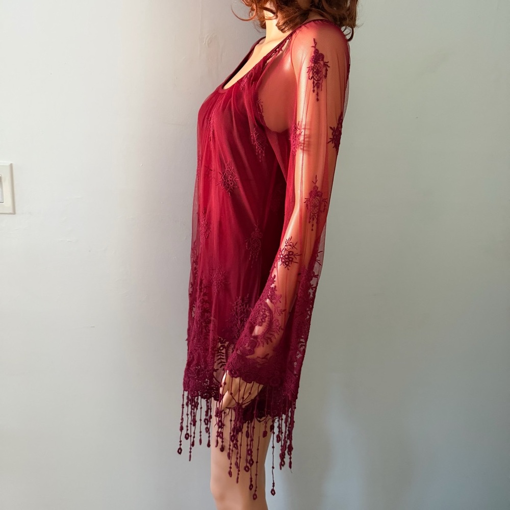 Boston Proper Red Sheer Overlay Tunic Bell Sleeve Boho Whimsigoth Romantic XS - Picture 5 of 12